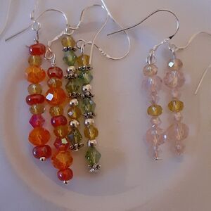 Beaded glass earrings new nwot handmade pink orange green gold silver dangle